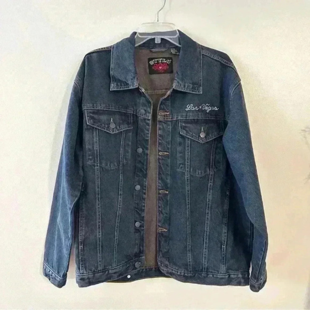 Stylo Jean Denim Jacket Womens Sz XL Blue Denim Las Vegas Rhinestone Embellished